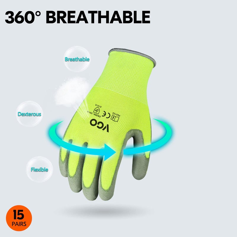 Vgo... 15-Pairs Safety Work Gloves, Gardening Gloves, Polyurethane Coated, Dipping Gloves, Latex Free (Size XL, Yellow, PU2103) - Image 4